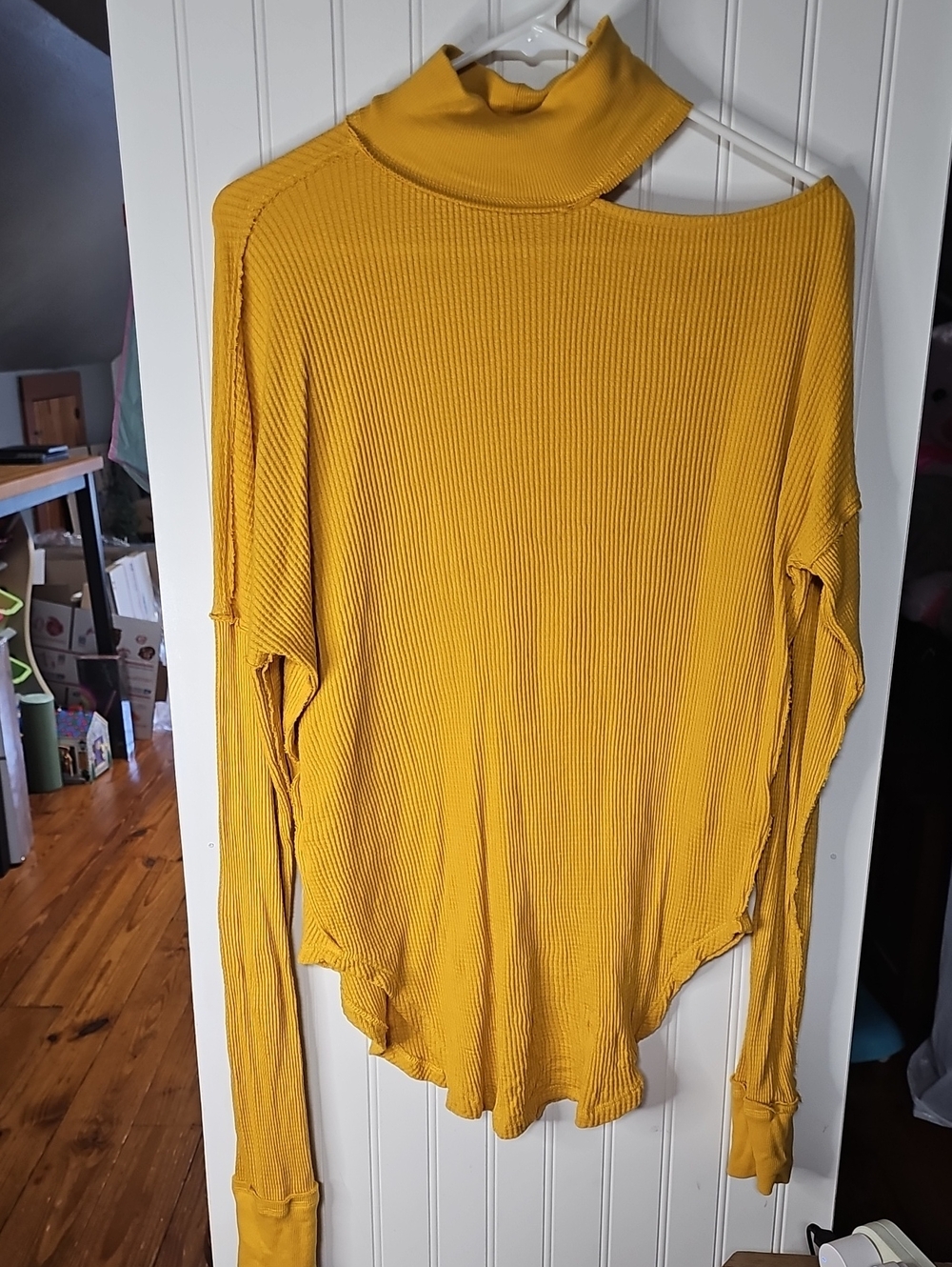 We The Free Ribbed Mustard Yellow Off-Shoulder Turtleneck Long Sleeve Top